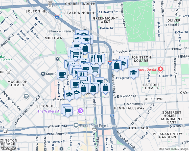 map of restaurants, bars, coffee shops, grocery stores, and more near 1015 Saint Paul Street in Baltimore
