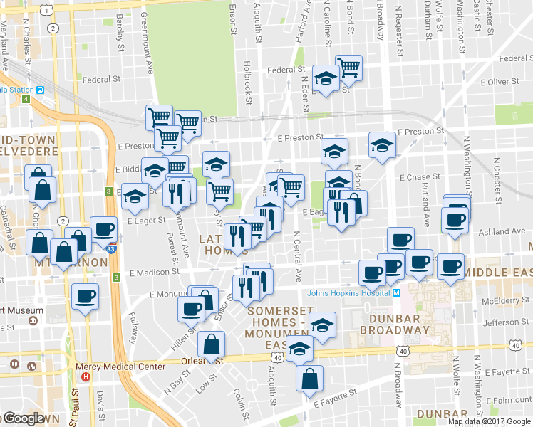 map of restaurants, bars, coffee shops, grocery stores, and more near E Eager St & Aisquith St in Baltimore