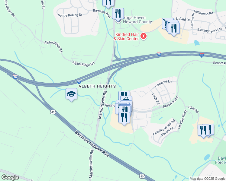 map of restaurants, bars, coffee shops, grocery stores, and more near 11150 Resort Road in Ellicott City