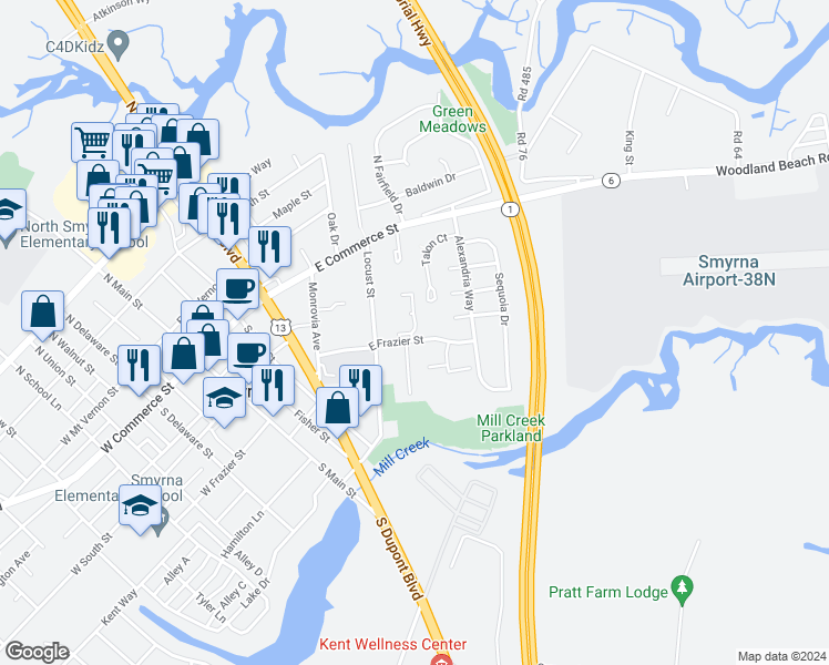 map of restaurants, bars, coffee shops, grocery stores, and more near 200 Goldsborough Way in Smyrna