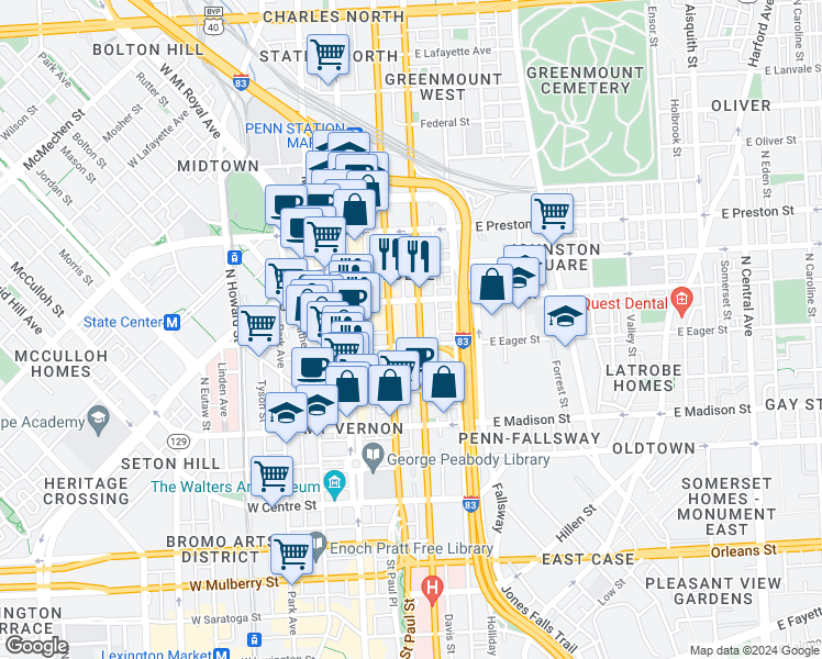 map of restaurants, bars, coffee shops, grocery stores, and more near 101 Independence Avenue Southeast in Washington