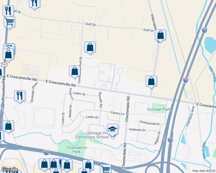 map of restaurants, bars, coffee shops, grocery stores, and more near 1054 East Crescentville Road in Butler County
