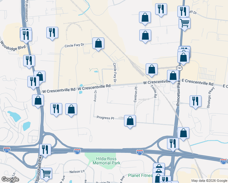 map of restaurants, bars, coffee shops, grocery stores, and more near 179 W Crescentville Rd in Springdale