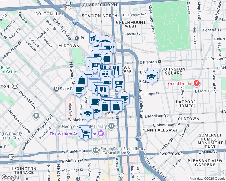 map of restaurants, bars, coffee shops, grocery stores, and more near 1010 Saint Paul Street in Baltimore