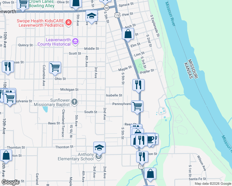 map of restaurants, bars, coffee shops, grocery stores, and more near 526 Isabelle Street in Leavenworth
