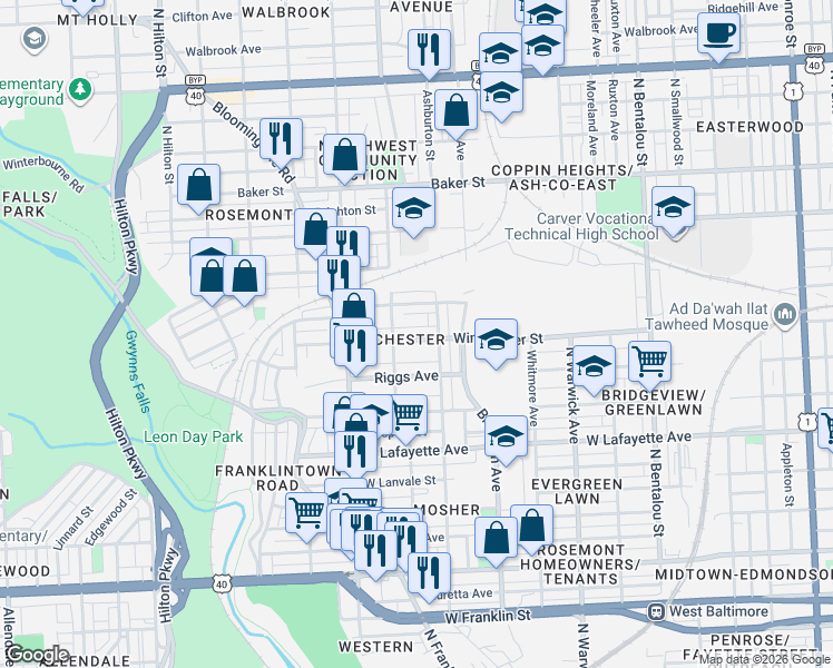 map of restaurants, bars, coffee shops, grocery stores, and more near 2728 Winchester Street in Baltimore