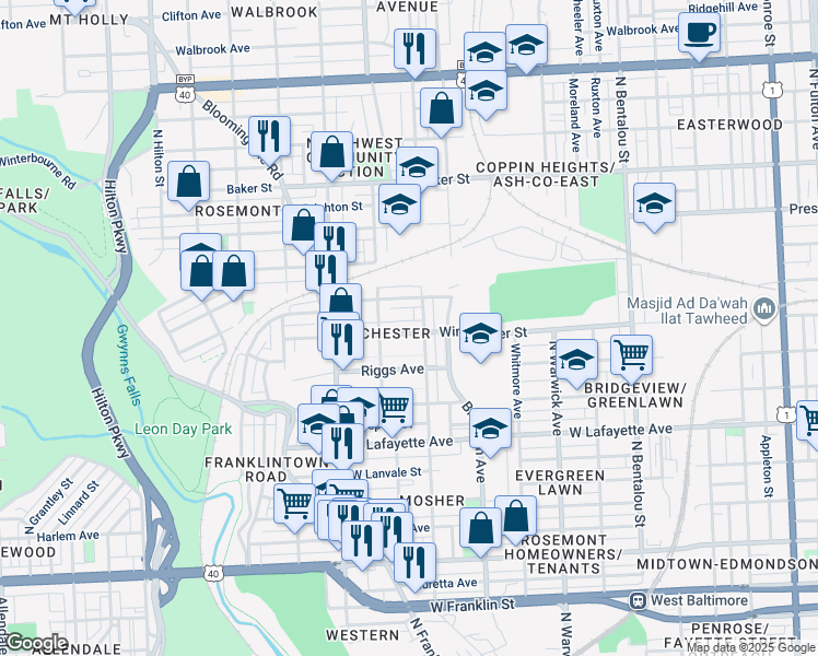map of restaurants, bars, coffee shops, grocery stores, and more near 2718 Winchester Street in Baltimore
