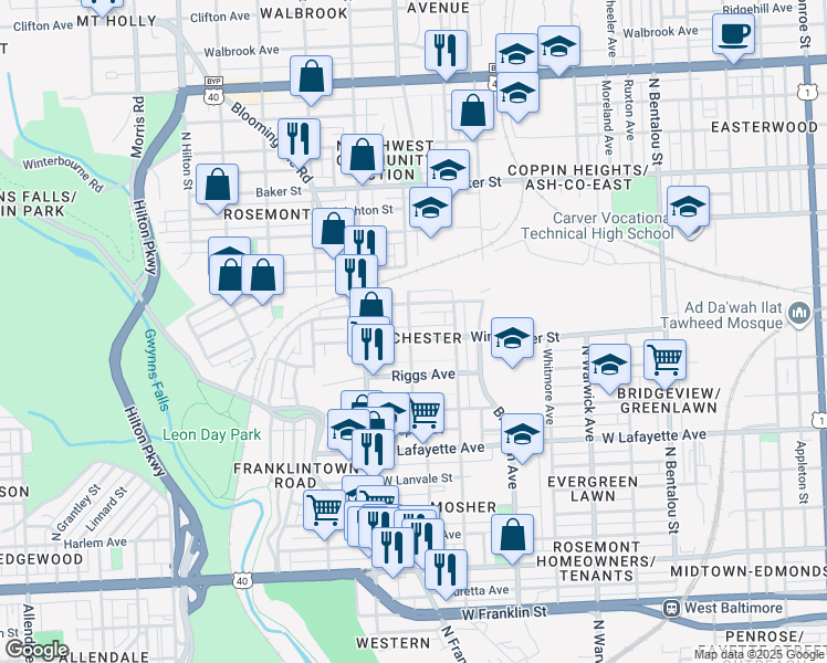 map of restaurants, bars, coffee shops, grocery stores, and more near 2756 Winchester Street in Baltimore