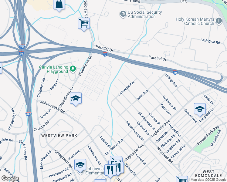 map of restaurants, bars, coffee shops, grocery stores, and more near 6029 Central Avenue in Woodlawn