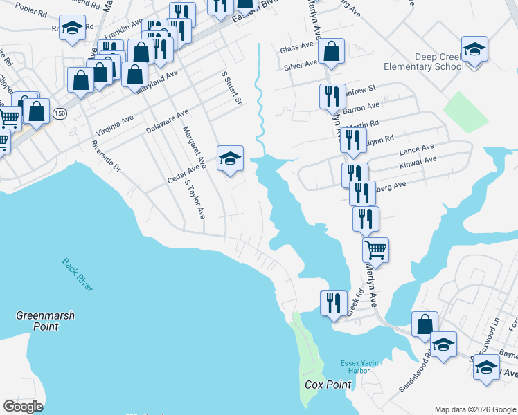 map of restaurants, bars, coffee shops, grocery stores, and more near 434 Essexwood Court in Essex