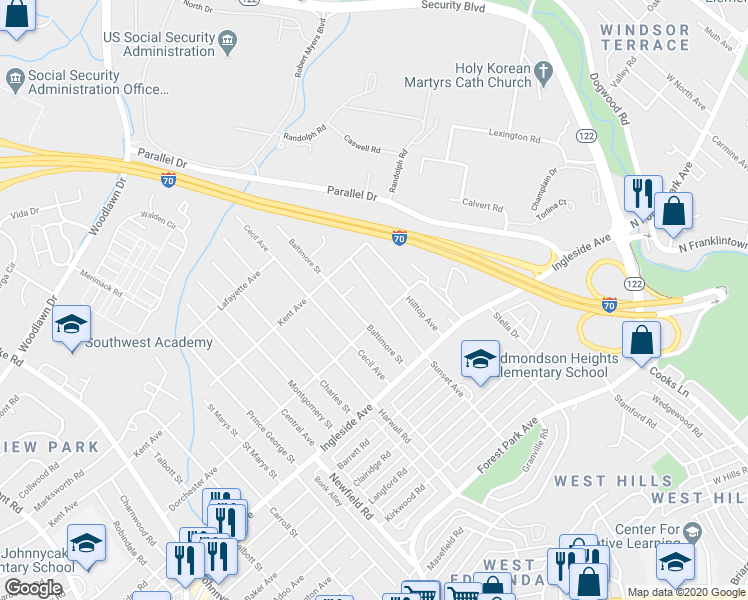 map of restaurants, bars, coffee shops, grocery stores, and more near 5939 Sunset Avenue in Baltimore