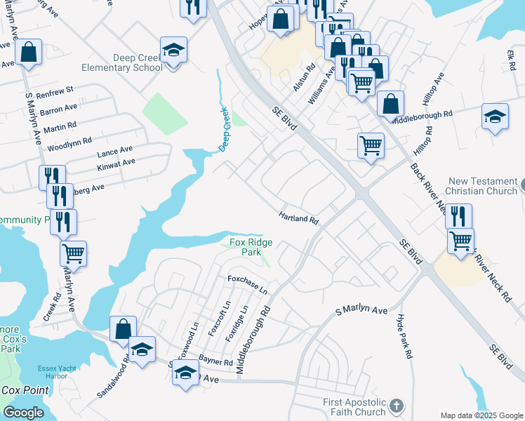map of restaurants, bars, coffee shops, grocery stores, and more near 21 Waterwood Court in Essex