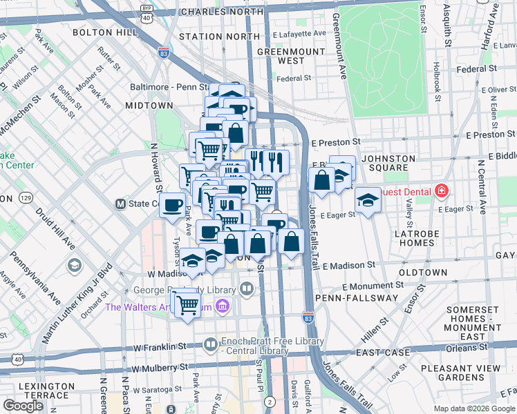 map of restaurants, bars, coffee shops, grocery stores, and more near 1015 St Paul St in Baltimore