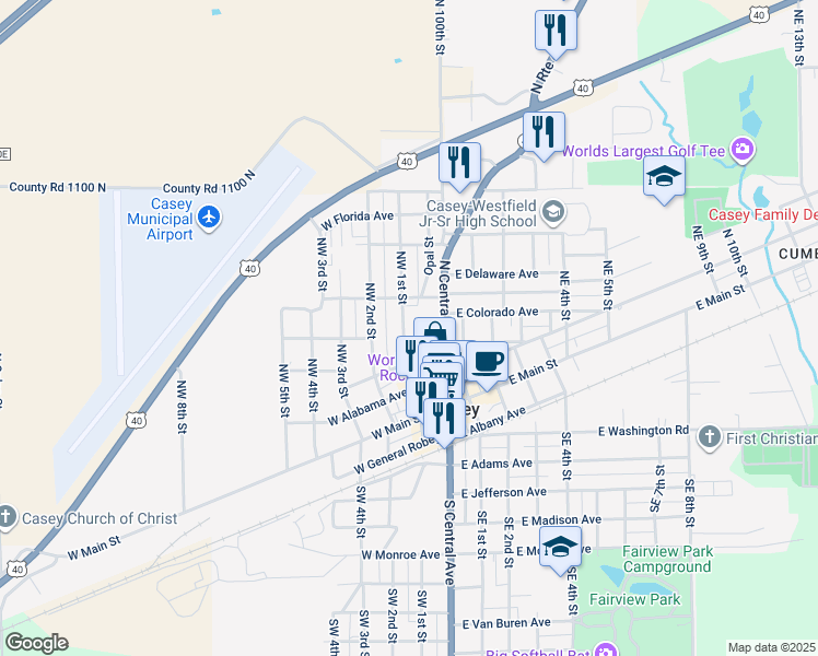 map of restaurants, bars, coffee shops, grocery stores, and more near 300 Northwest 1st Street in Casey