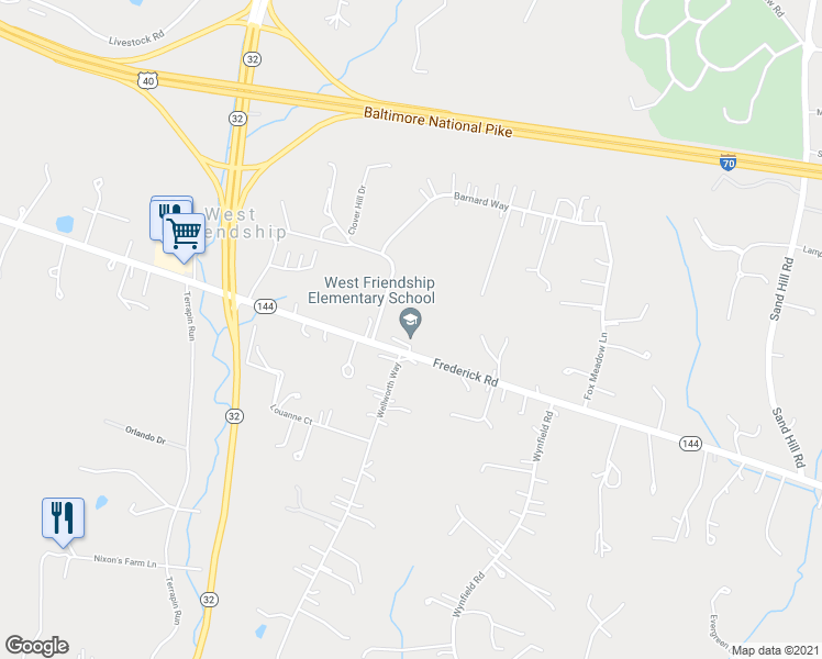 map of restaurants, bars, coffee shops, grocery stores, and more near 12500 Frederick Road in West Friendship