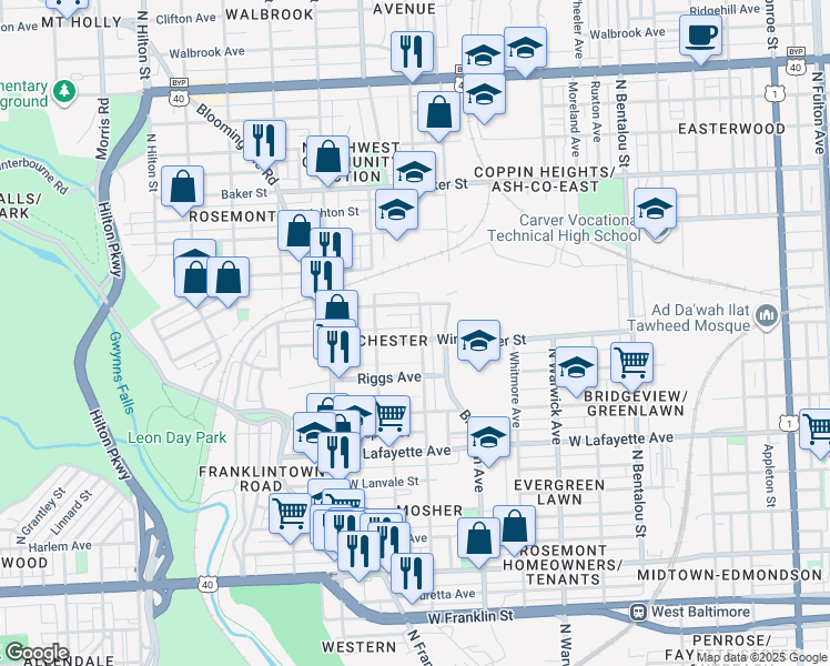 map of restaurants, bars, coffee shops, grocery stores, and more near 2704 Winchester St in Baltimore
