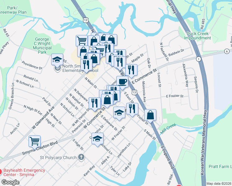 map of restaurants, bars, coffee shops, grocery stores, and more near 22 East Commerce Street in Smyrna
