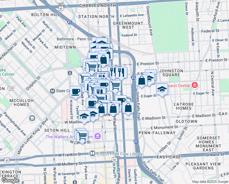 map of restaurants, bars, coffee shops, grocery stores, and more near 1019 Saint Paul Street in Baltimore