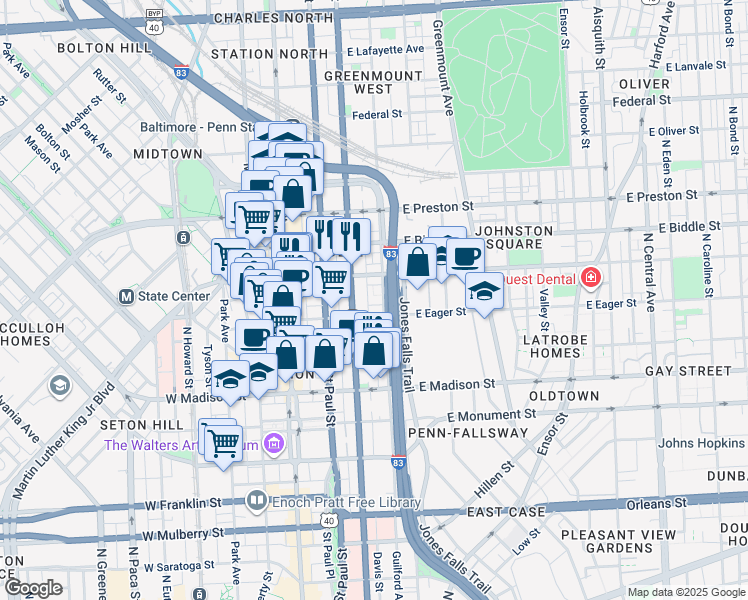 map of restaurants, bars, coffee shops, grocery stores, and more near 1011 Hunter Street in Baltimore
