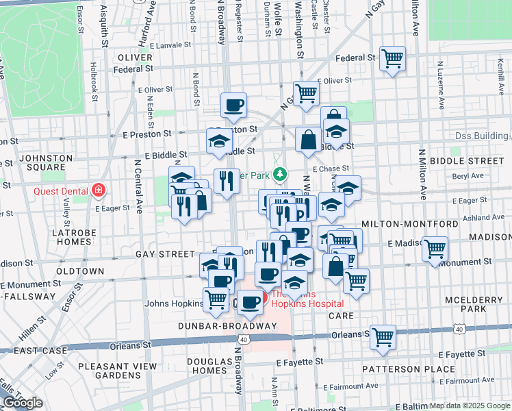 map of restaurants, bars, coffee shops, grocery stores, and more near 1715 East Eager Street in Baltimore