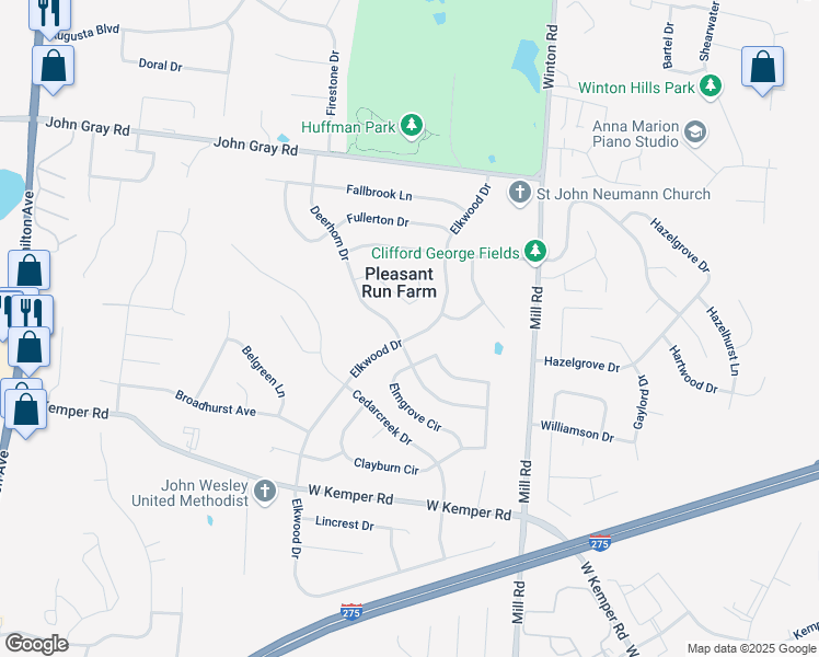 map of restaurants, bars, coffee shops, grocery stores, and more near 12011 Elkwood Drive in Cincinnati