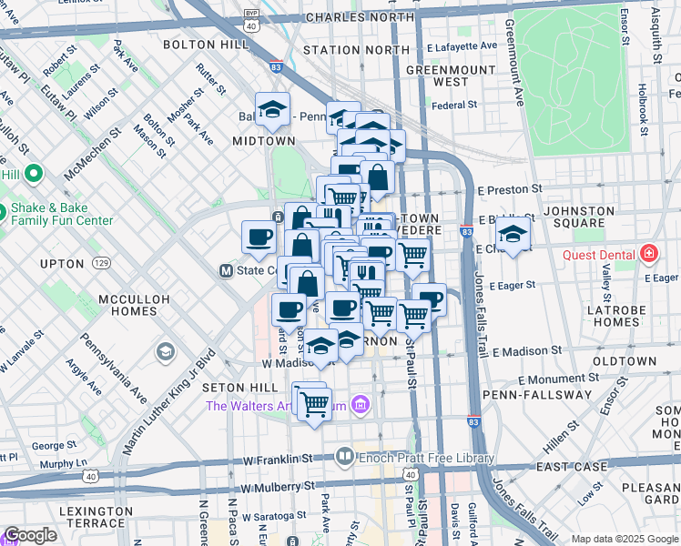 map of restaurants, bars, coffee shops, grocery stores, and more near 1025 Cathedral Street in Baltimore