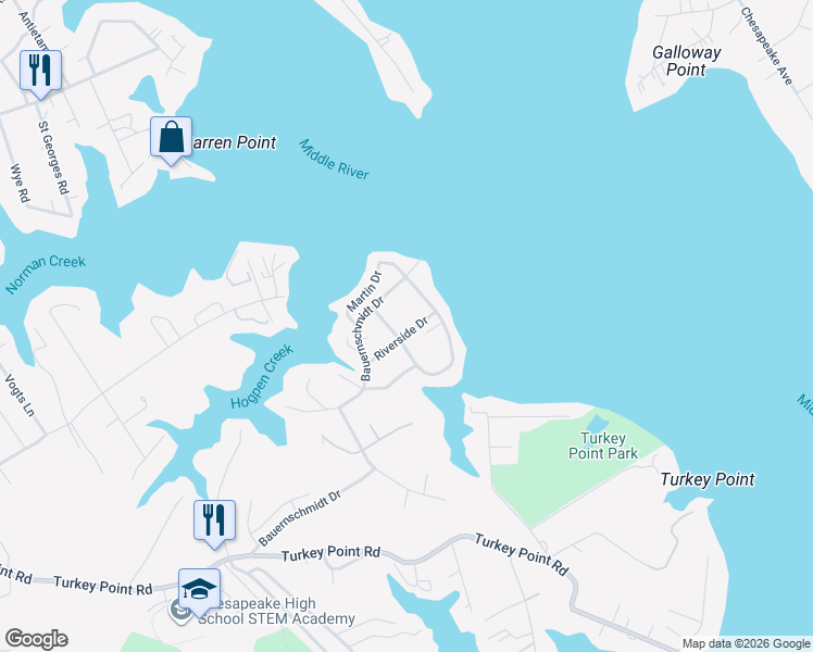 map of restaurants, bars, coffee shops, grocery stores, and more near 2300 Riverside Drive in Essex