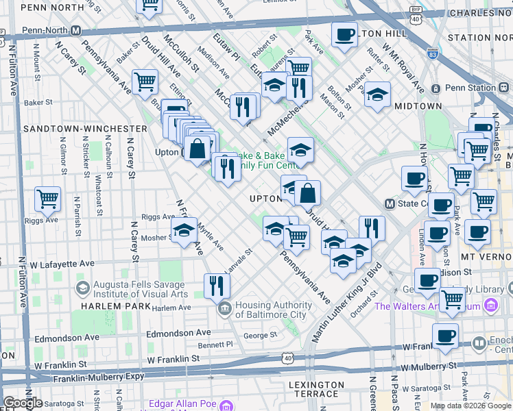 map of restaurants, bars, coffee shops, grocery stores, and more near 540 West Lafayette Avenue in Baltimore
