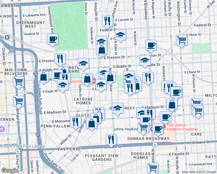 map of restaurants, bars, coffee shops, grocery stores, and more near 1230 East Eager Street in Baltimore