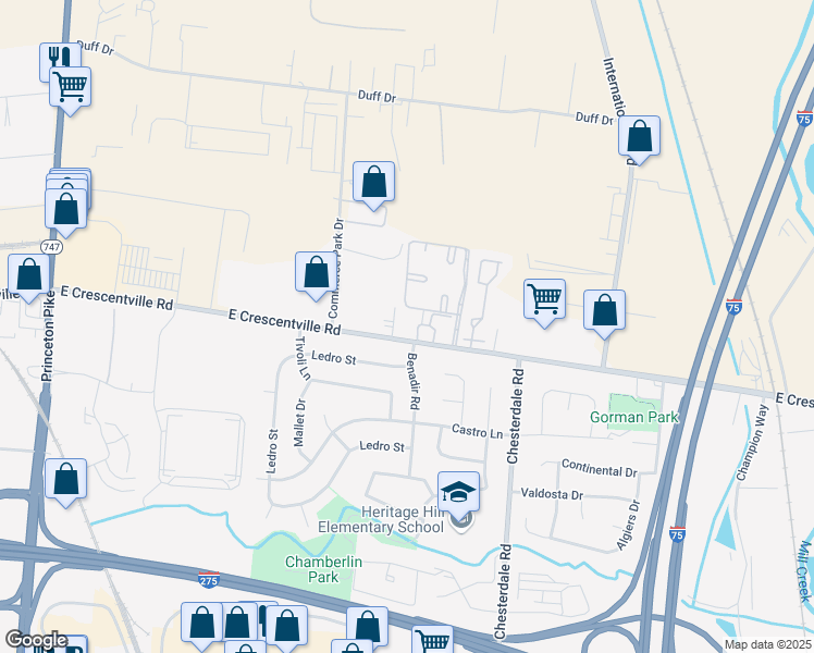 map of restaurants, bars, coffee shops, grocery stores, and more near 1038 East Crescentville Road in Cincinnati
