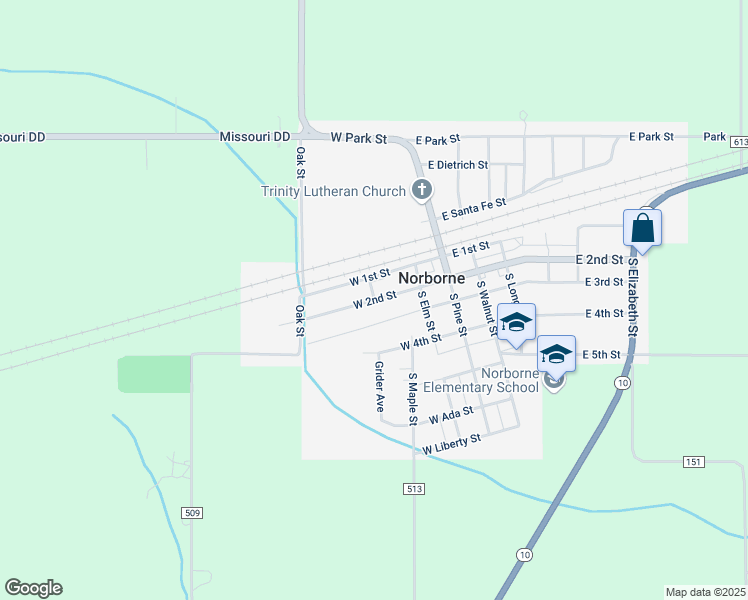 map of restaurants, bars, coffee shops, grocery stores, and more near 200 West 2nd Street in Norborne