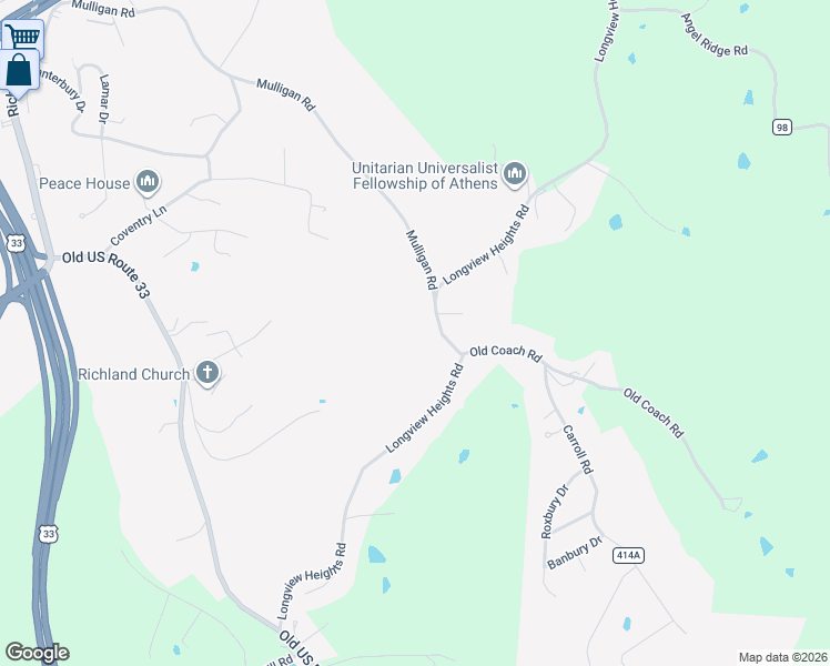 map of restaurants, bars, coffee shops, grocery stores, and more near 130 Longview Heights Road in Athens