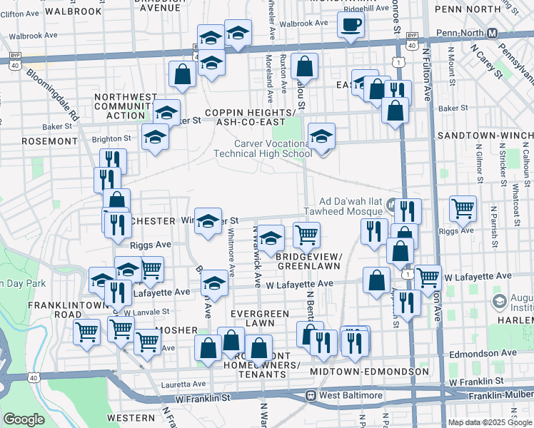 map of restaurants, bars, coffee shops, grocery stores, and more near 2404 Winchester Street in Baltimore