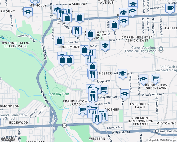 map of restaurants, bars, coffee shops, grocery stores, and more near 1216 Bloomingdale Road in Baltimore