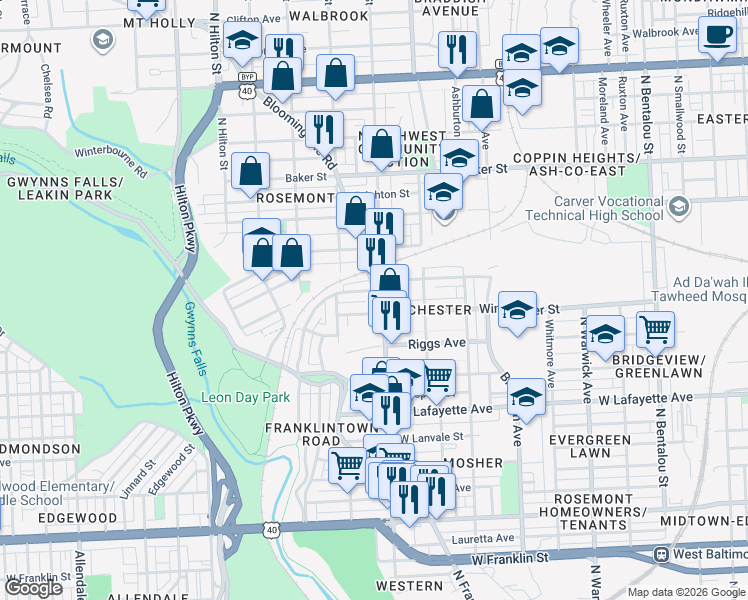 map of restaurants, bars, coffee shops, grocery stores, and more near 1216 Bloomingdale Road in Baltimore