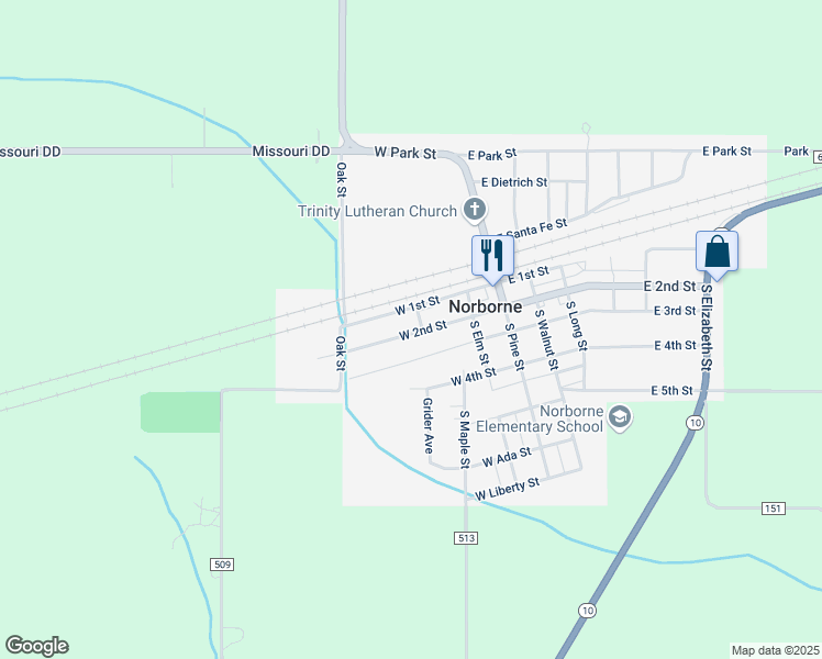 map of restaurants, bars, coffee shops, grocery stores, and more near 200-398 W 2nd St in Norborne