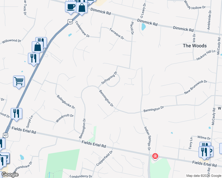 map of restaurants, bars, coffee shops, grocery stores, and more near 7575 Fawnmeadow Lane in Cincinnati