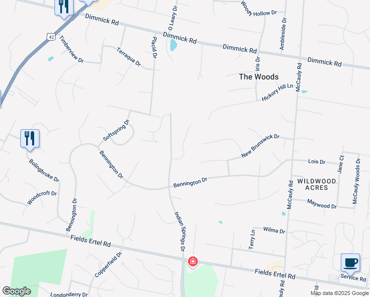 map of restaurants, bars, coffee shops, grocery stores, and more near 9920 Indian Springs Drive in Butler County