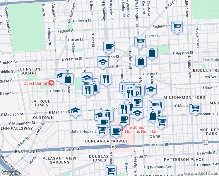 map of restaurants, bars, coffee shops, grocery stores, and more near N Broadway & E Eager St in Baltimore