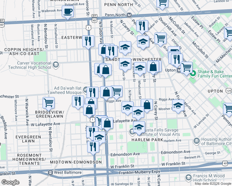 map of restaurants, bars, coffee shops, grocery stores, and more near 1143 North Mount Street in Baltimore