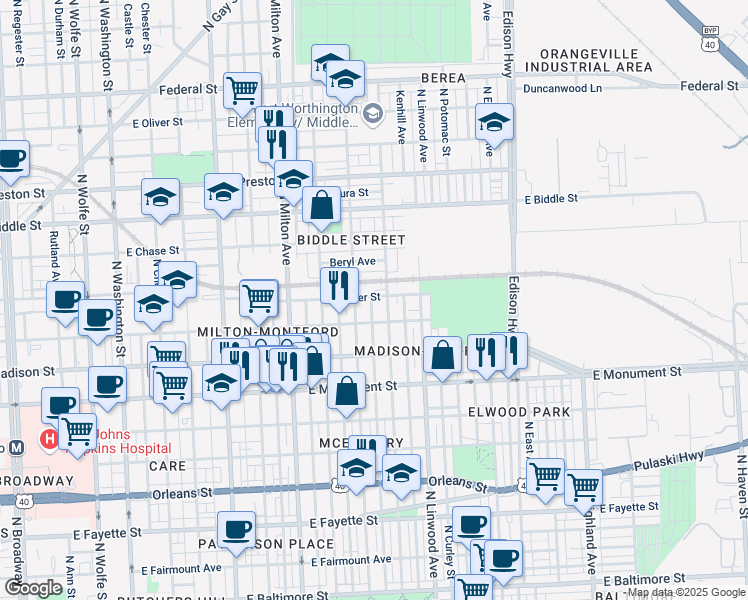 map of restaurants, bars, coffee shops, grocery stores, and more near 925 North Belnord Avenue in Baltimore
