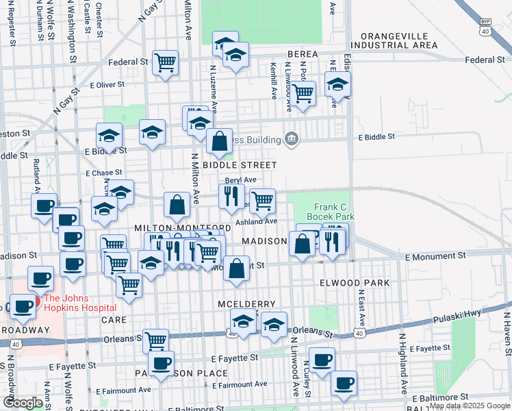 map of restaurants, bars, coffee shops, grocery stores, and more near 925 North Belnord Avenue in Baltimore