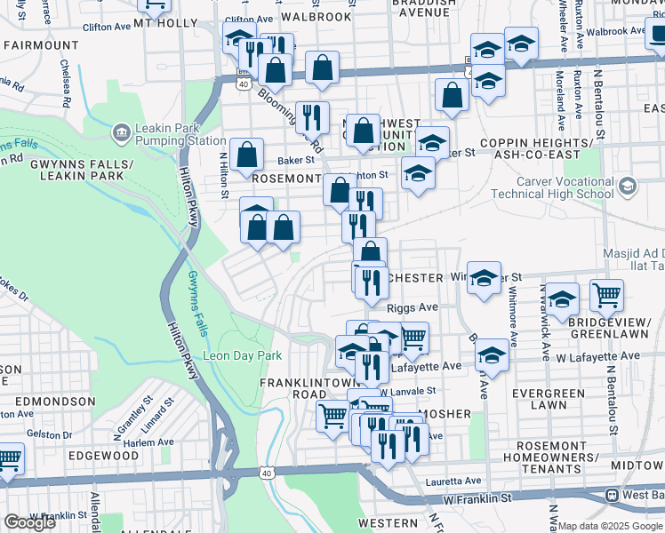 map of restaurants, bars, coffee shops, grocery stores, and more near 2929 Ellicott Dr in Baltimore