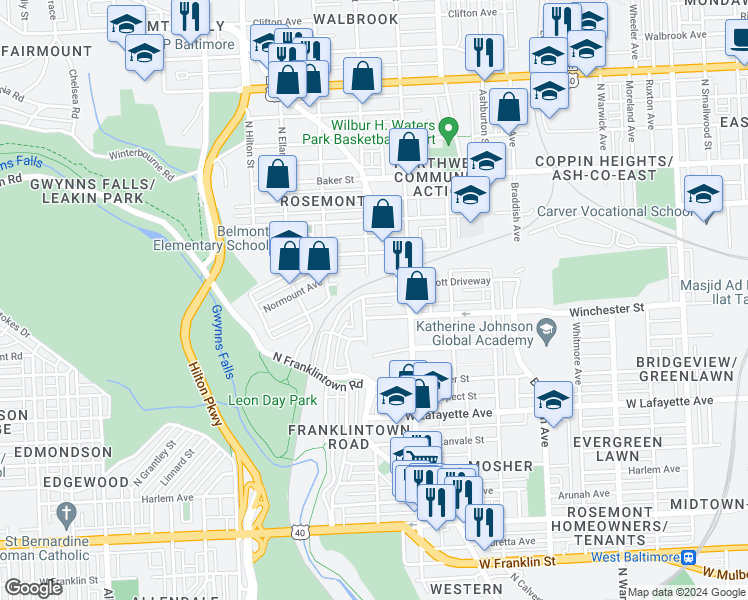 map of restaurants, bars, coffee shops, grocery stores, and more near 2929 Ellicott Dr in Baltimore