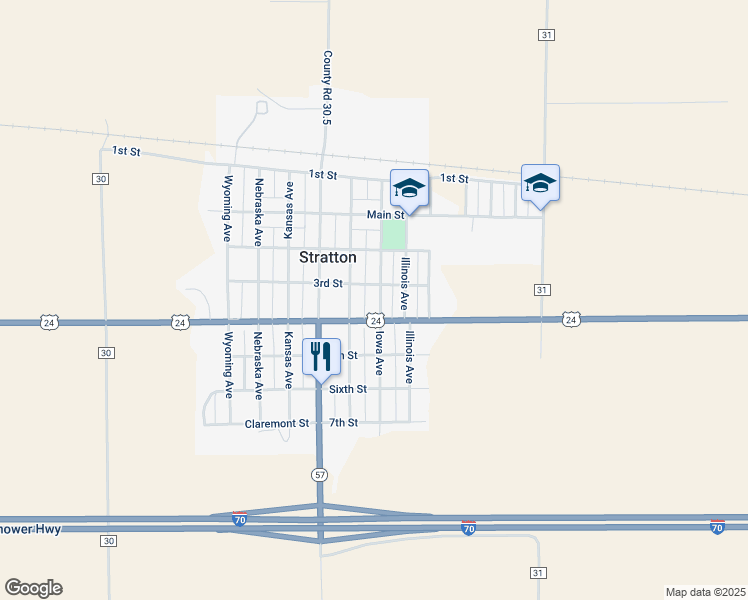 map of restaurants, bars, coffee shops, grocery stores, and more near 438 Iowa Avenue in Stratton