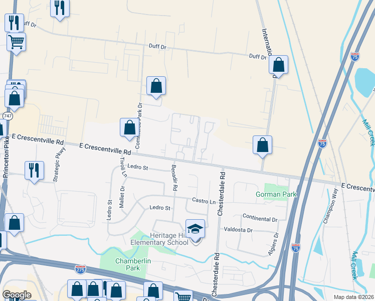 map of restaurants, bars, coffee shops, grocery stores, and more near 1054 East Crescentville Road in Butler County
