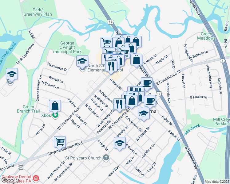 map of restaurants, bars, coffee shops, grocery stores, and more near 123 Beadle Street in Smyrna