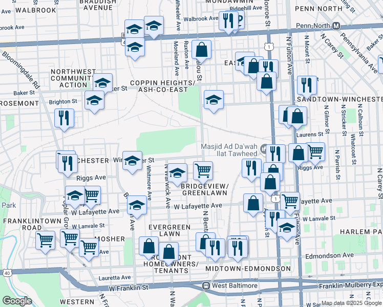 map of restaurants, bars, coffee shops, grocery stores, and more near 2306 Winchester Street in Baltimore