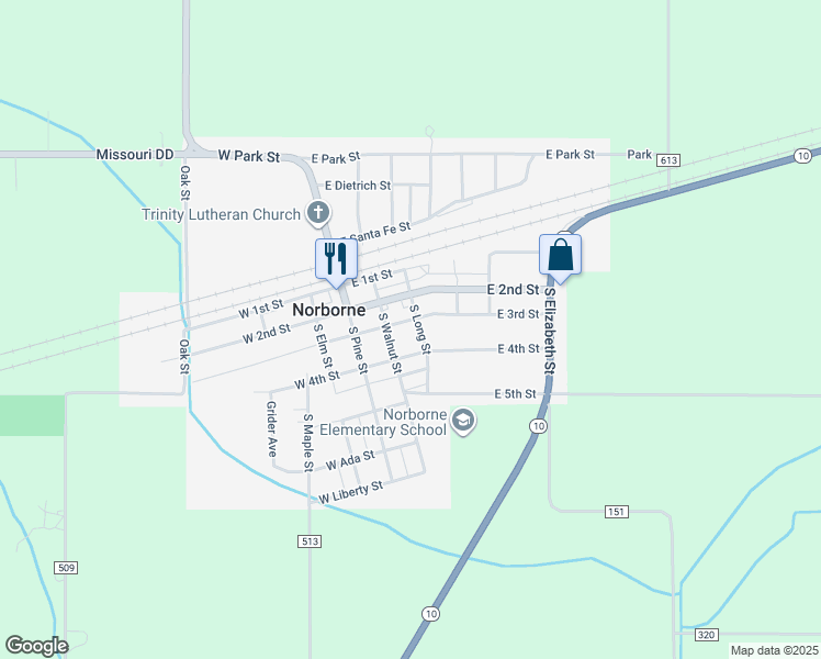map of restaurants, bars, coffee shops, grocery stores, and more near 301-309 South Long Street in Norborne