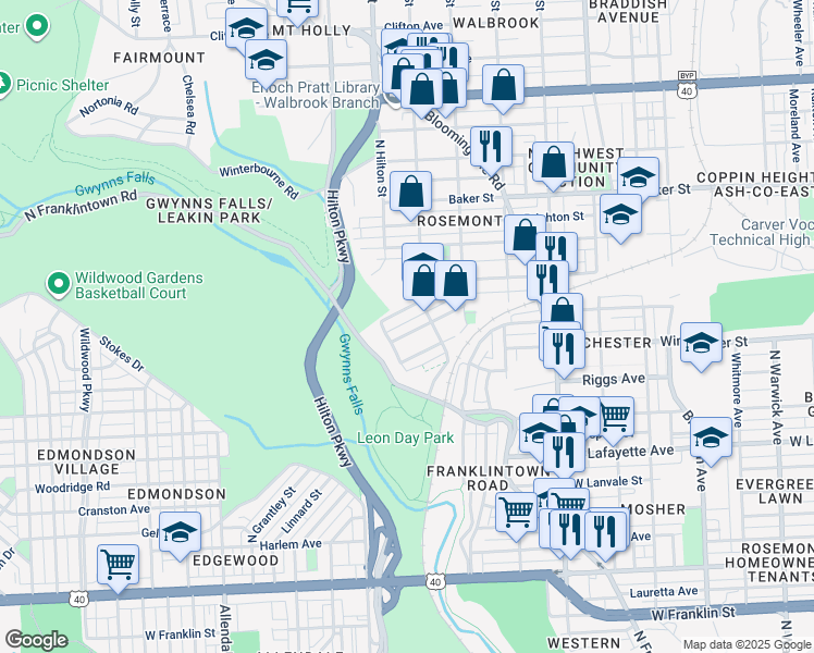 map of restaurants, bars, coffee shops, grocery stores, and more near 3224 Normount Avenue in Baltimore